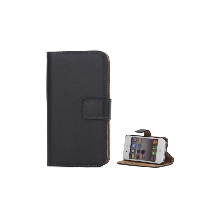 Genuine Split Leather Magnetic Folio Wallet Stand Case for iPhone 4 4S - Black-1