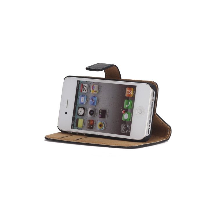 Genuine Split Leather Magnetic Folio Wallet Stand Case for iPhone 4 4S - Black-3