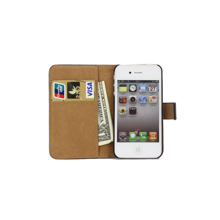 Genuine Split Leather Magnetic Folio Wallet Stand Case for iPhone 4 4S - Black-5