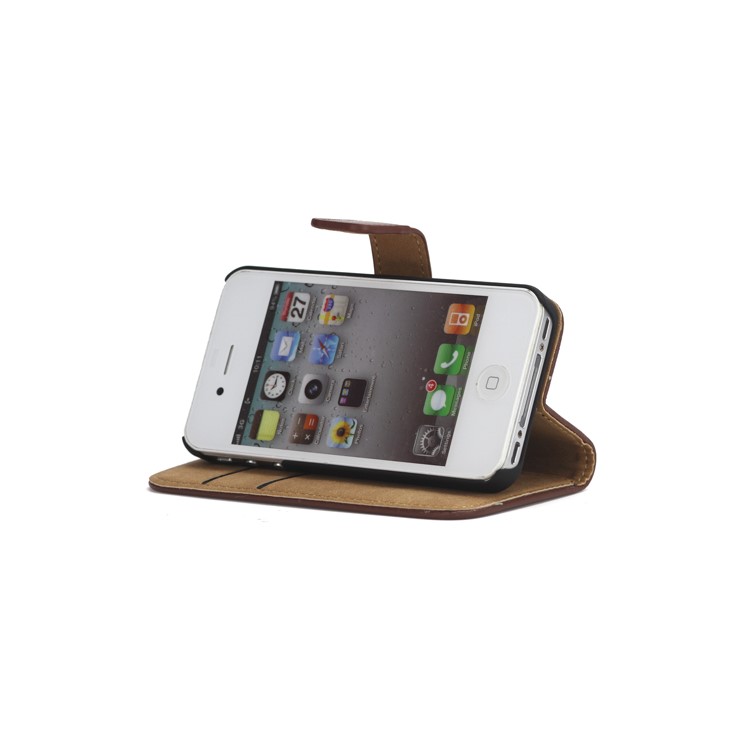 Genuine Split Leather Magnetic Folio Wallet Stand Case for iPhone 4 4S - Coffee-3