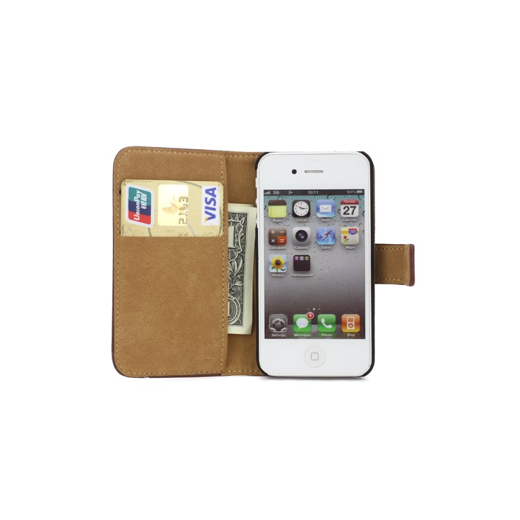 Genuine Split Leather Magnetic Folio Wallet Stand Case for iPhone 4 4S - Coffee-5