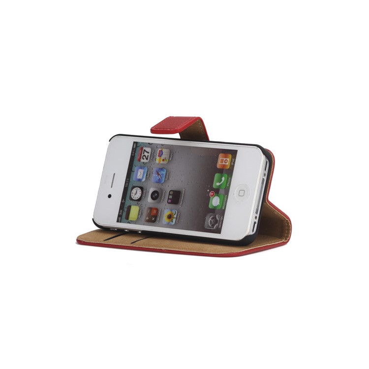 Genuine Split Leather Magnetic Folio Wallet Stand Case for iPhone 4 4S - Red-3