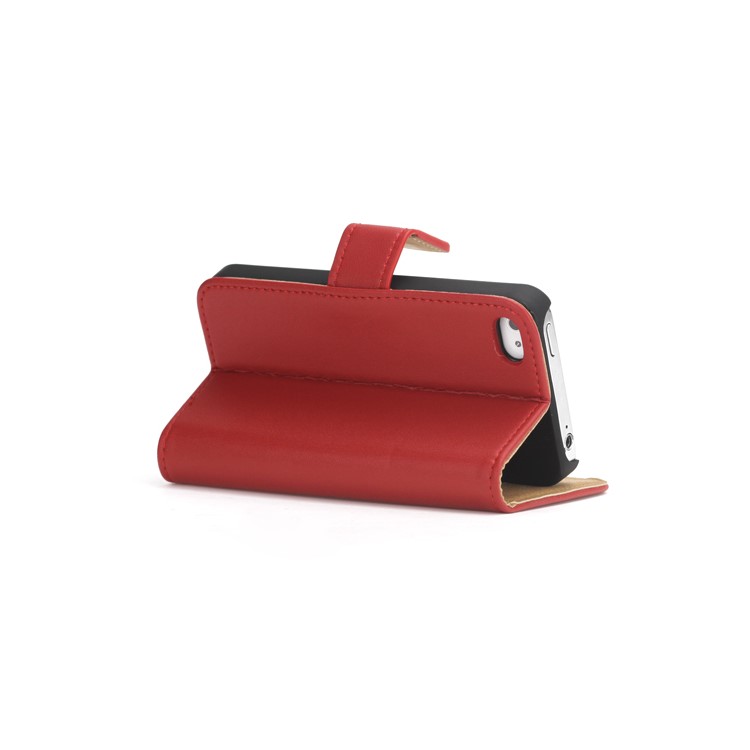 Genuine Split Leather Magnetic Folio Wallet Stand Case for iPhone 4 4S - Red-4