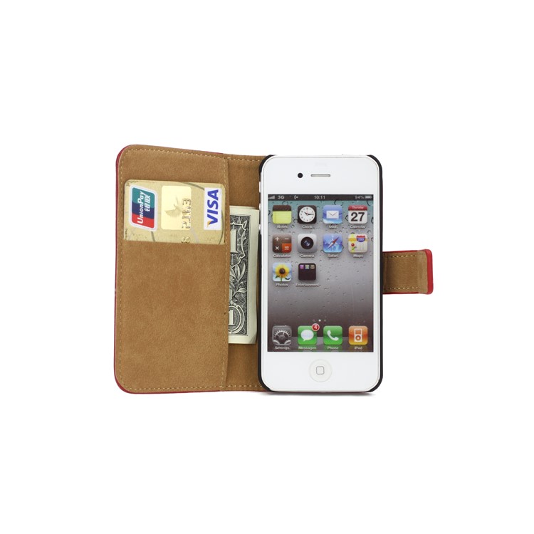 Genuine Split Leather Magnetic Folio Wallet Stand Case for iPhone 4 4S - Red-5