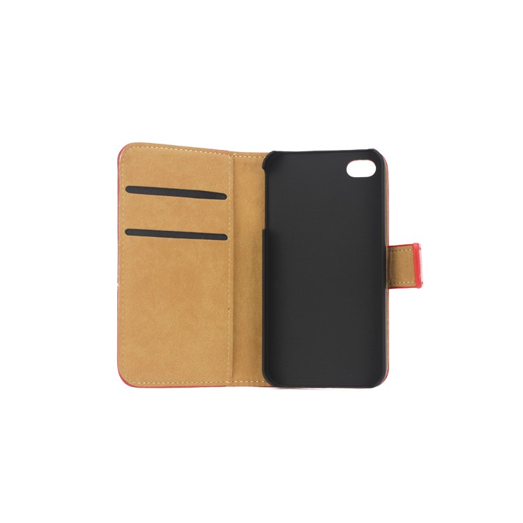 Genuine Split Leather Magnetic Folio Wallet Stand Case for iPhone 4 4S - Red-6