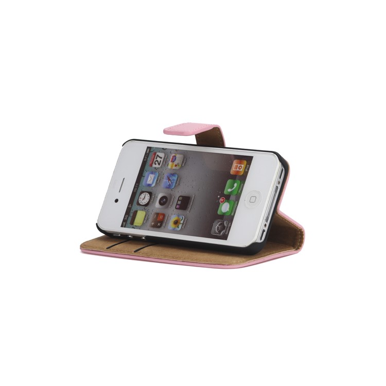 Genuine Split Leather Magnetic Folio Wallet Stand Case for iPhone 4 4S - Pink-3