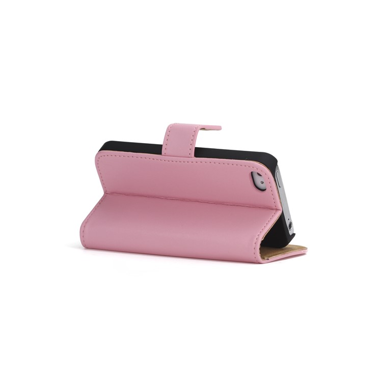 Genuine Split Leather Magnetic Folio Wallet Stand Case for iPhone 4 4S - Pink-4