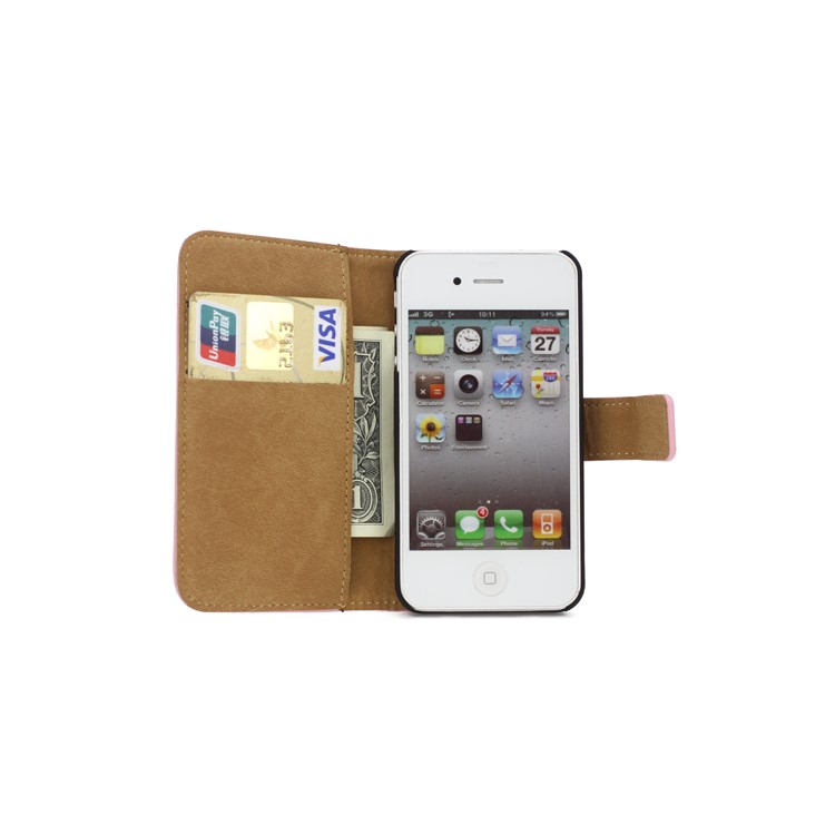 Genuine Split Leather Magnetic Folio Wallet Stand Case for iPhone 4 4S - Pink-5