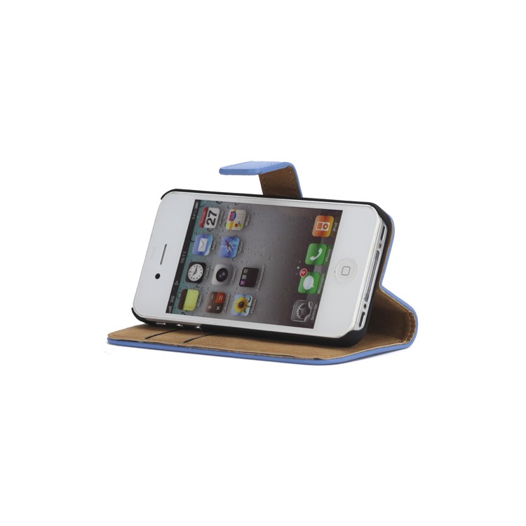 Genuine Split Leather Magnetic Folio Wallet Stand Case for iPhone 4 4S - BlueWallet Style Folio Leather Stand Case for iPhone 4 4S - Blue-3