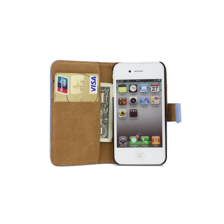 Genuine Split Leather Magnetic Folio Wallet Stand Case for iPhone 4 4S - BlueWallet Style Folio Leather Stand Case for iPhone 4 4S - Blue-5