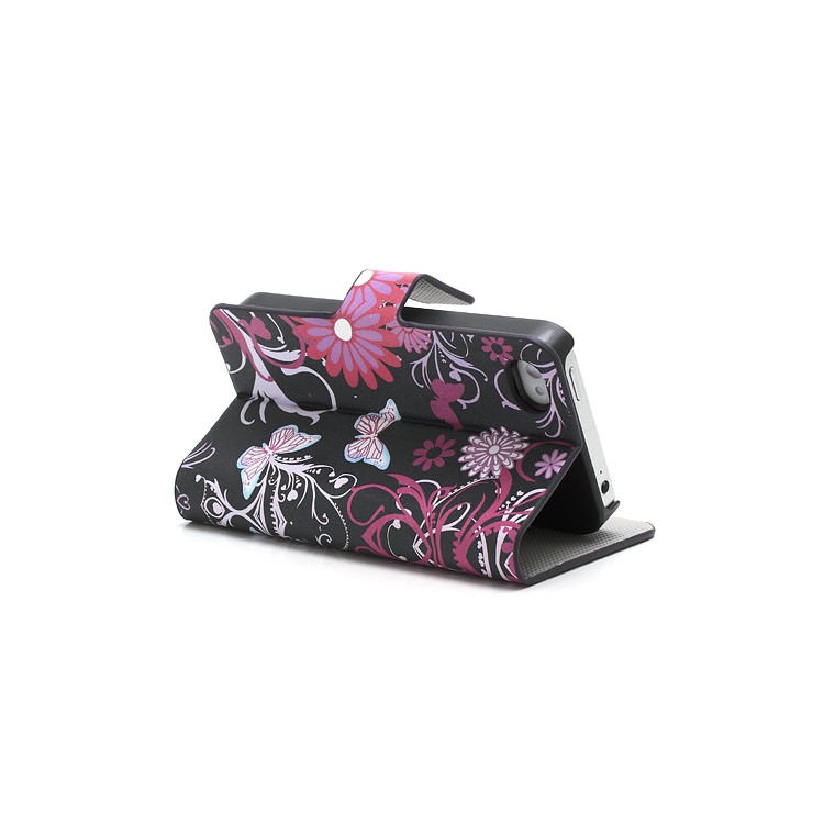 Butterfly & Flower Card Slot Leather Stand Case Shell for iPhone 4 4S-4