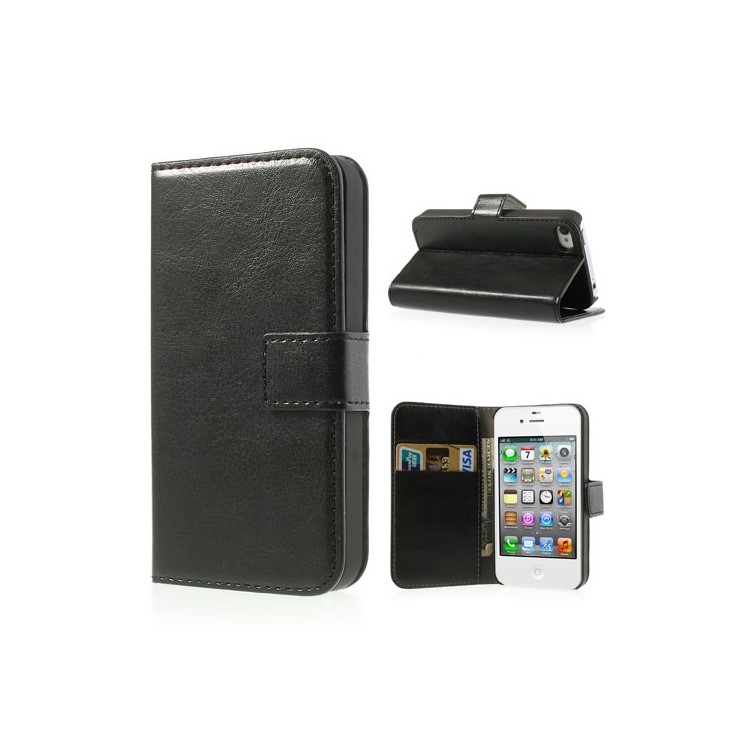 Black Crazy Horse Wallet Leather Case Stand for iPhone 4 4s-1
