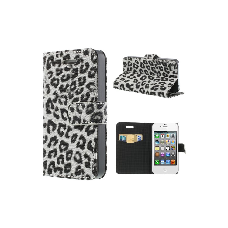Leopard Card Slot Leather Stand Case for iPhone 4 4S - White-1