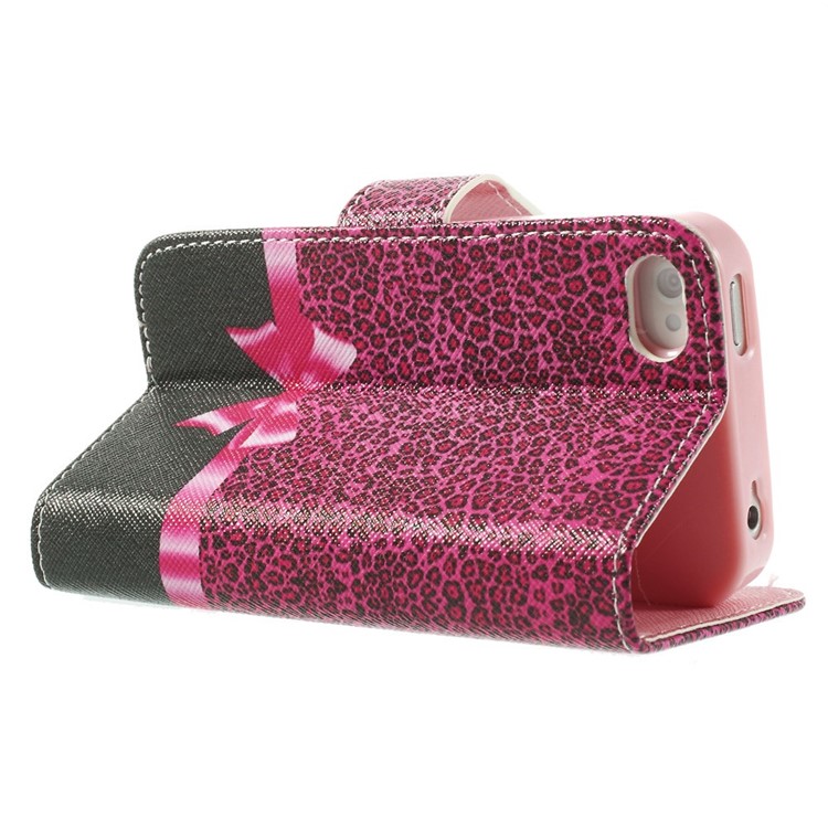 For iPhone 4s 4 Magnetic Rose Leopard & Bowknot Pattern Leather Wallet Stand Cover-4