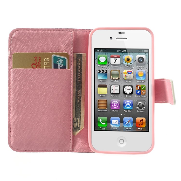 For iPhone 4s 4 Magnetic Rose Leopard & Bowknot Pattern Leather Wallet Stand Cover-5