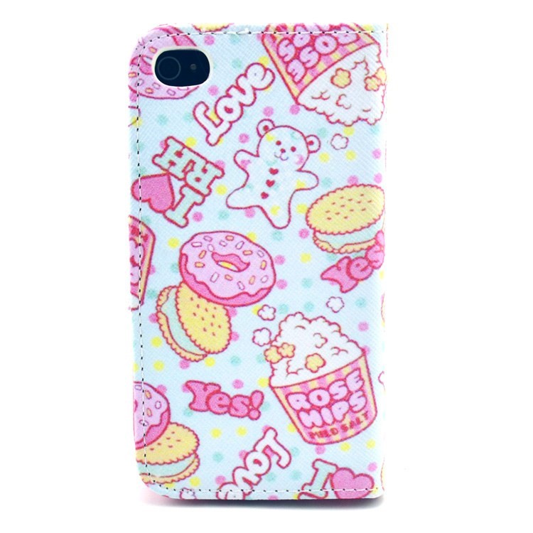 Popcorn & Doughnuts Wallet PU Leather Case with Stand for iPhone 4 4s-2