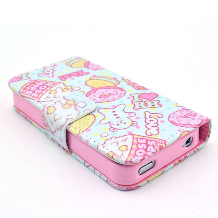 Popcorn & Doughnuts Wallet PU Leather Case with Stand for iPhone 4 4s-3