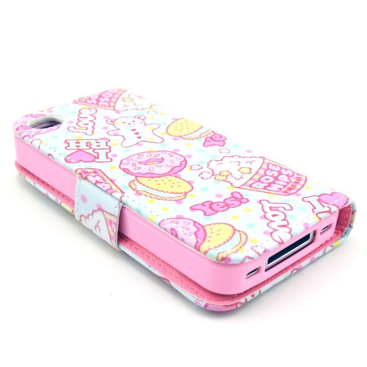 Popcorn & Doughnuts Wallet PU Leather Case with Stand for iPhone 4 4s-4