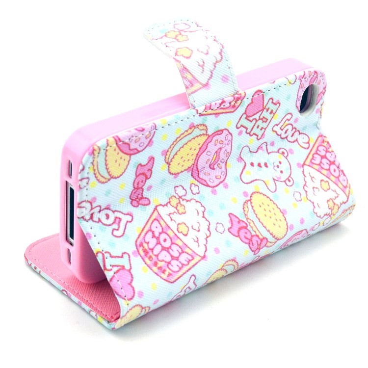 Popcorn & Doughnuts Wallet PU Leather Case with Stand for iPhone 4 4s-7