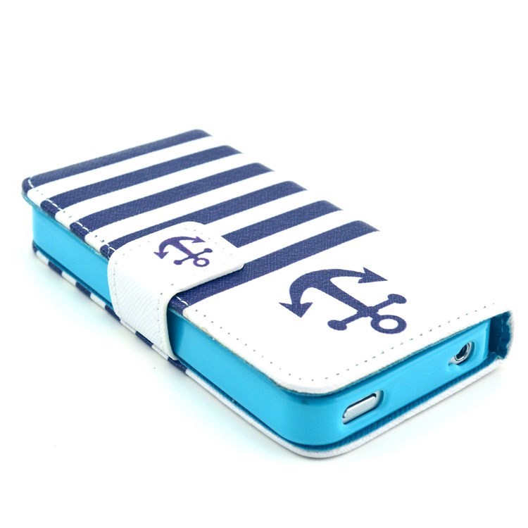 Stripes & Anchor Card Slots PU Leather Case with Stand for iPhone 4 4s-3