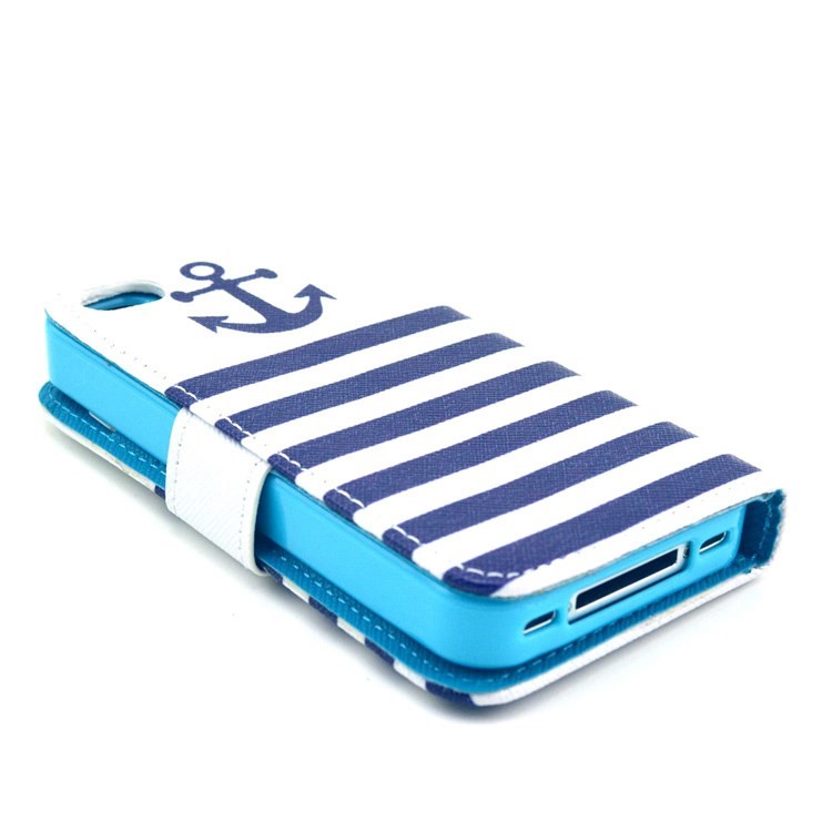 Stripes & Anchor Card Slots PU Leather Case with Stand for iPhone 4 4s-4