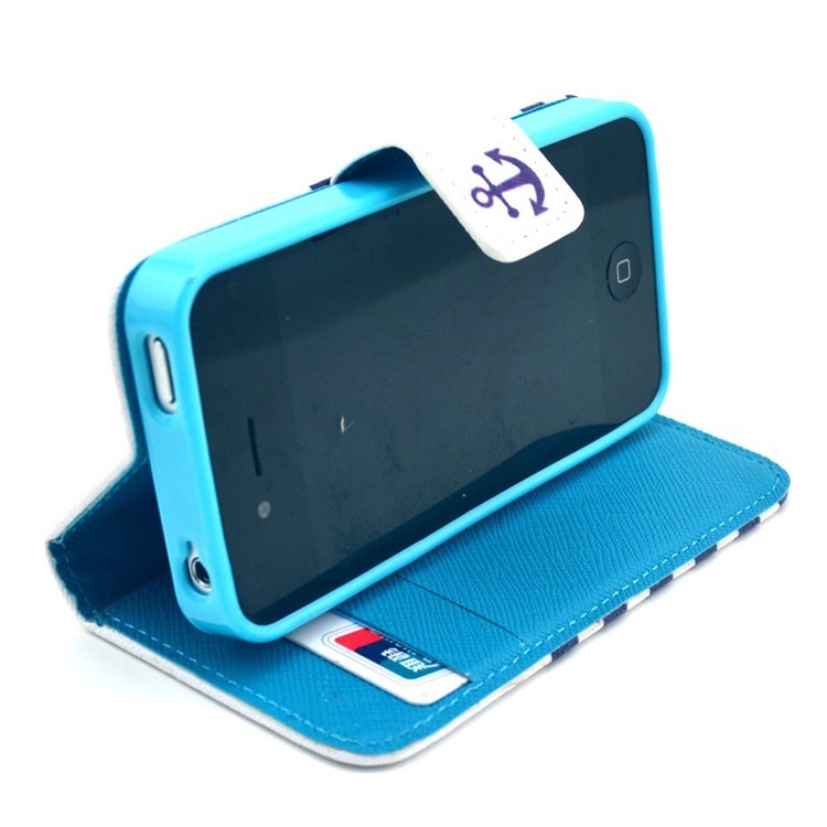 Stripes & Anchor Card Slots PU Leather Case with Stand for iPhone 4 4s-5