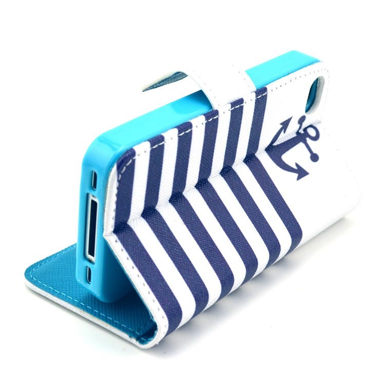 Stripes & Anchor Card Slots PU Leather Case with Stand for iPhone 4 4s-6