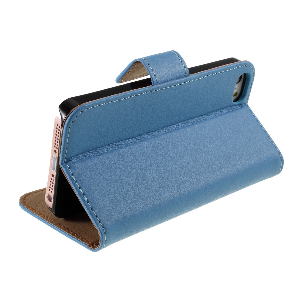 Genuine Split Leather Magnetic Credit Card Wallet Style Folio Stand Case for iPhone 5 - Blue-5