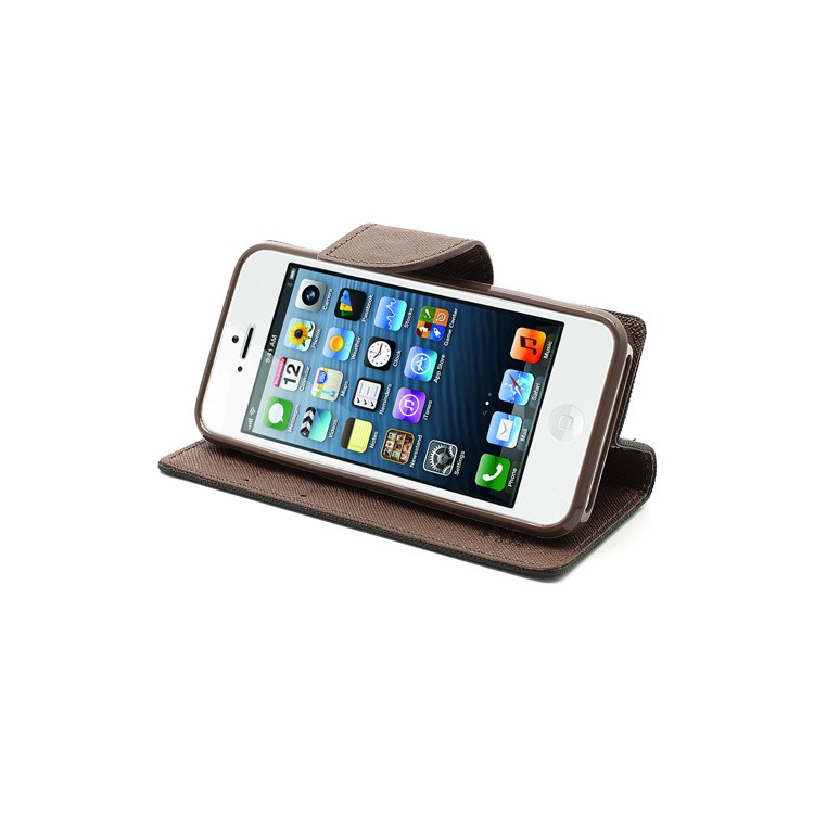 Mercury Fancy Diary Wallet Style Leather Stand Case Cover for iPhone 5 - Brown / Black-4