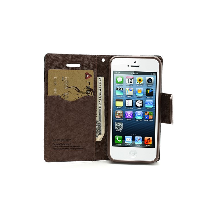 Mercury Fancy Diary Wallet Style Leather Stand Case Cover for iPhone 5 - Brown / Black-6