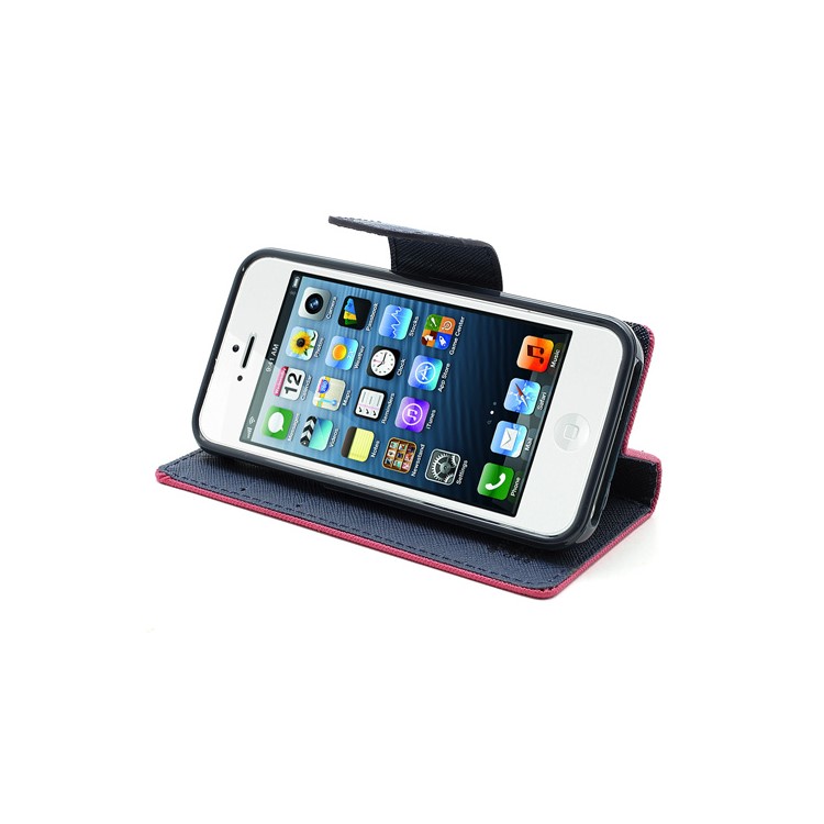 Mercury Fancy Diary Wallet Style Leather Stand Case Cover for iPhone 5 - Dark Blue / Rose-4