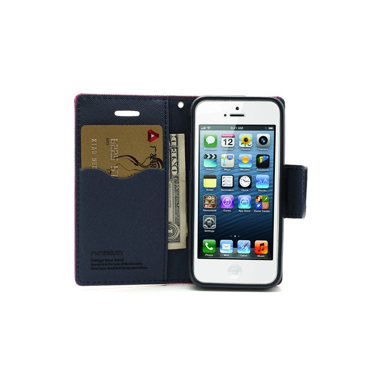 Mercury Fancy Diary Wallet Style Leather Stand Case Cover for iPhone 5 - Dark Blue / Rose-6
