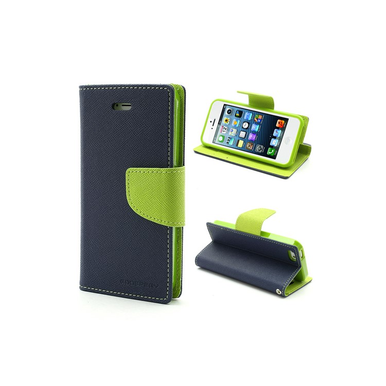 Mercury Fancy Diary Wallet Style Leather Stand Case Cover for iPhone 5 - Green / Dark Blue-1