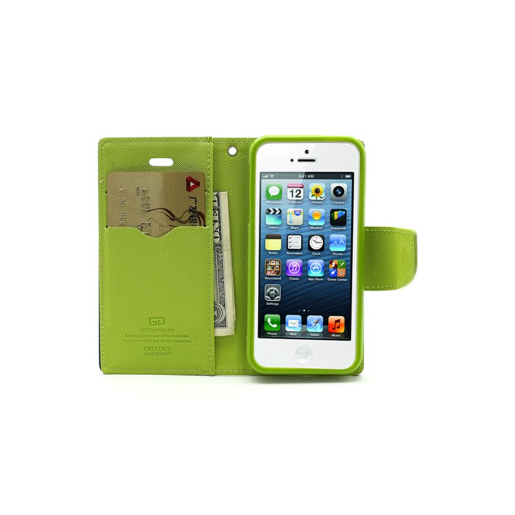 Mercury Fancy Diary Wallet Style Leather Stand Case Cover for iPhone 5 - Green / Dark Blue-6