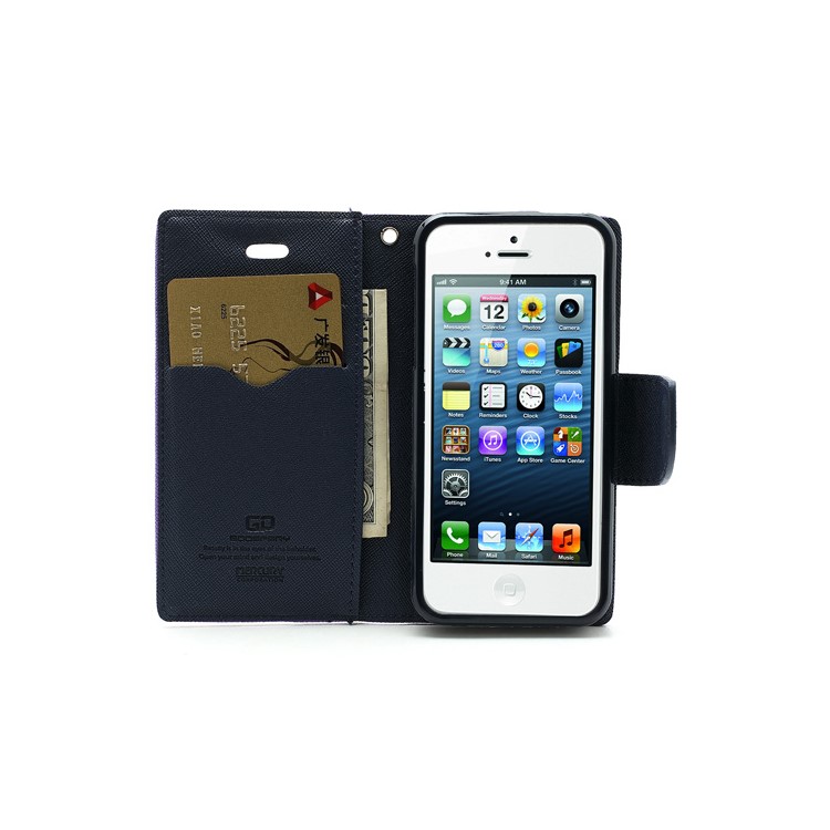 Mercury Fancy Diary Wallet Style Leather Stand Case Cover for iPhone 5 - Dark Blue / Purple-8