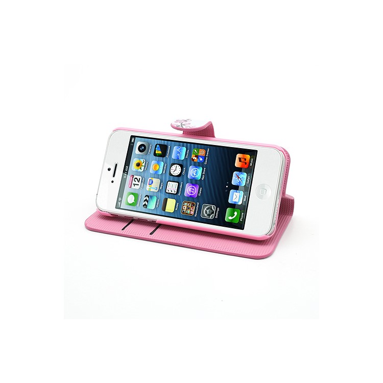 Pink Plum Magnetic Leather Case Cover with Card Slots & Stand for iPhone 5-4