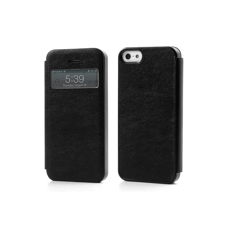 Slim Textured PU Leather Case Open Window for iPhone 5 - Black-1