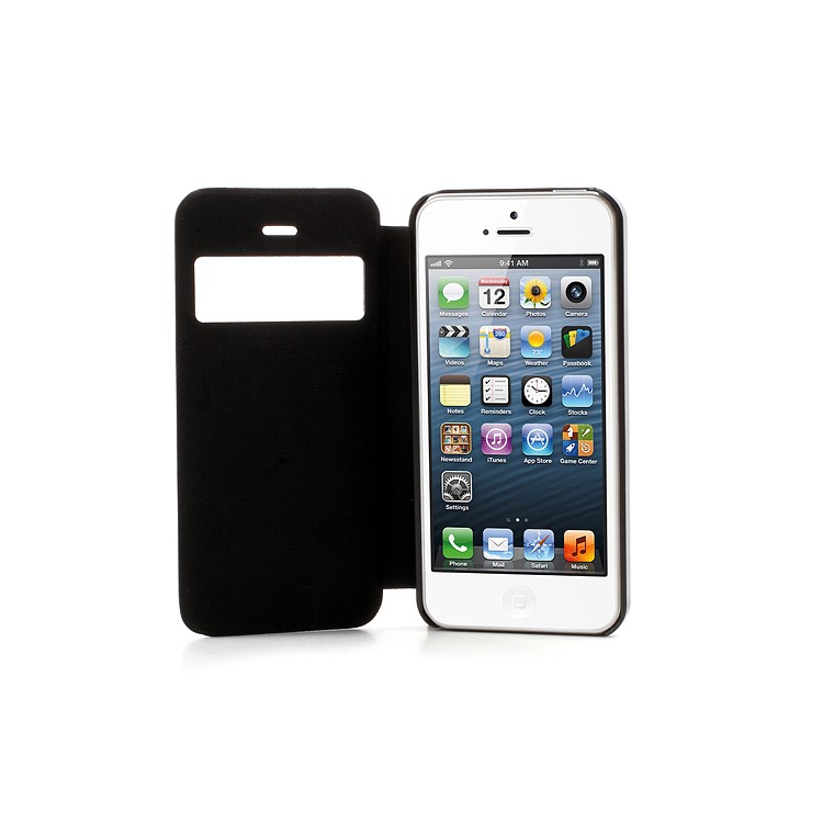 Slim Textured PU Leather Case Open Window for iPhone 5 - Black-2