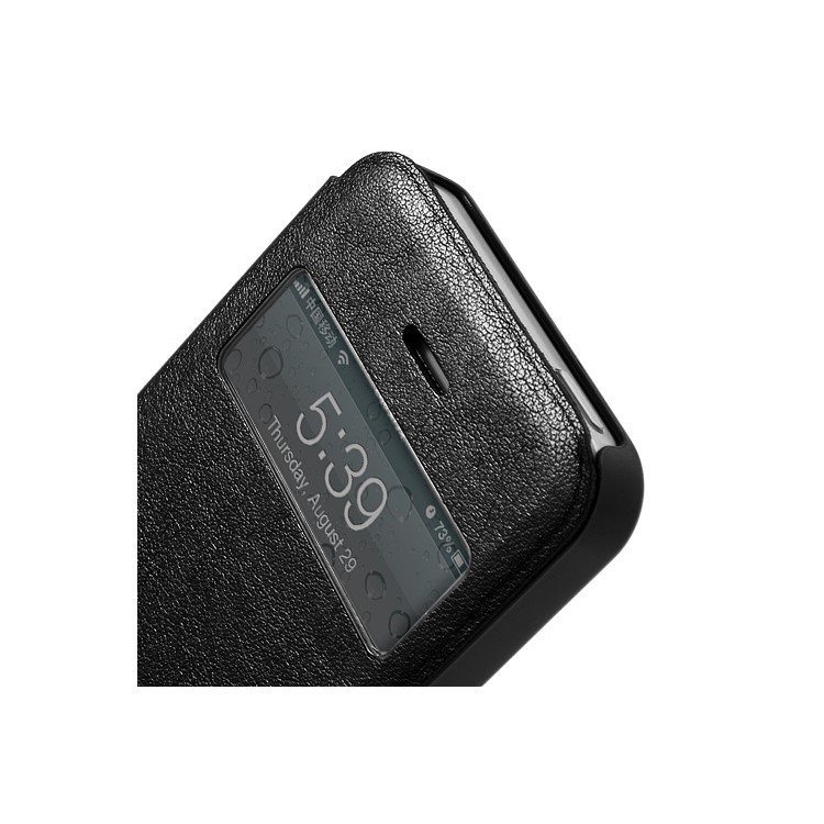 Slim Textured PU Leather Case Open Window for iPhone 5 - Black-4