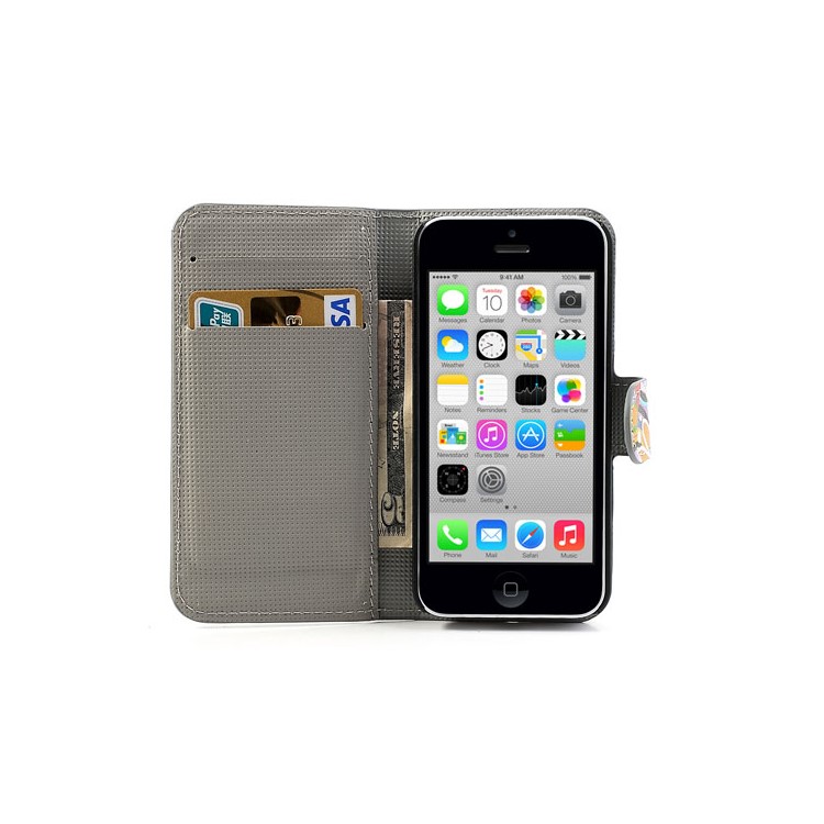 Wallet Leather Folio Case Stand for iPhone 5c Colorful Flowers Pattern-5