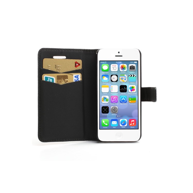 Lychee Textured Card Slots Leather Stand Case Cover for iPhone 5C - Black-5