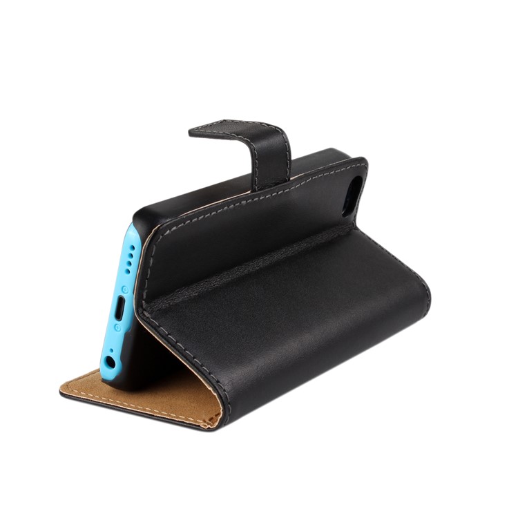 Genuine Split Leather Stand Case w/ Card Slots for iPhone 5c - Black-2