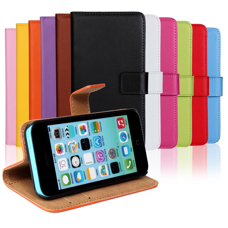 Genuine Split Leather Stand Case w/ Card Slots for iPhone 5c - Black-3