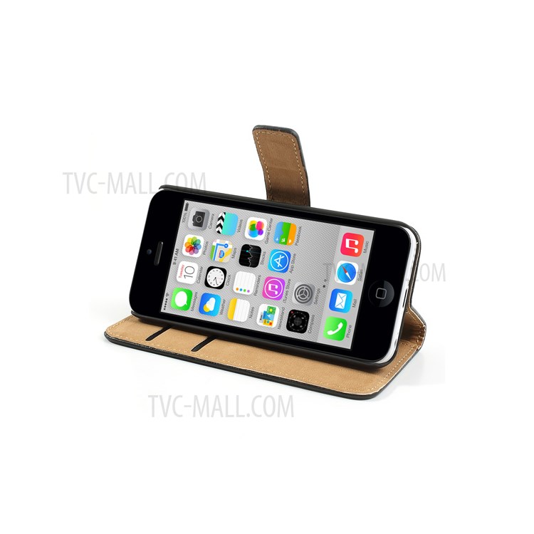 Genuine Split Leather Stand Case w/ Card Slots for iPhone 5c - Black-4