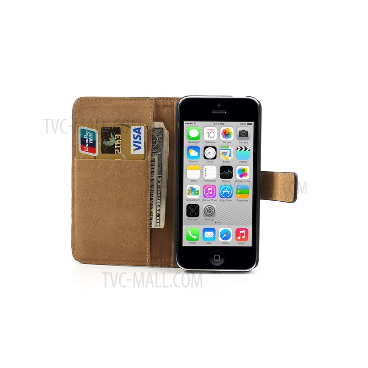 Genuine Split Leather Stand Case w/ Card Slots for iPhone 5c - Black-6