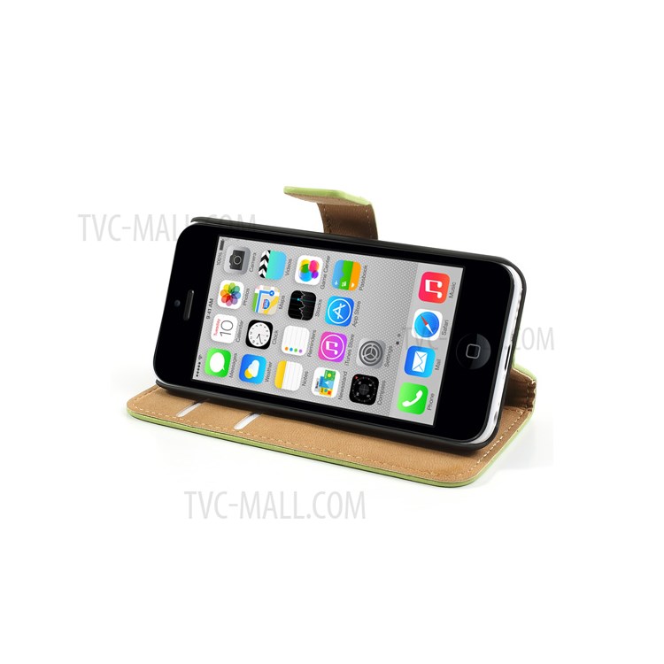 For iPhone 5c Genuine Split Leather Wallet Case w/ Stand - Green-4