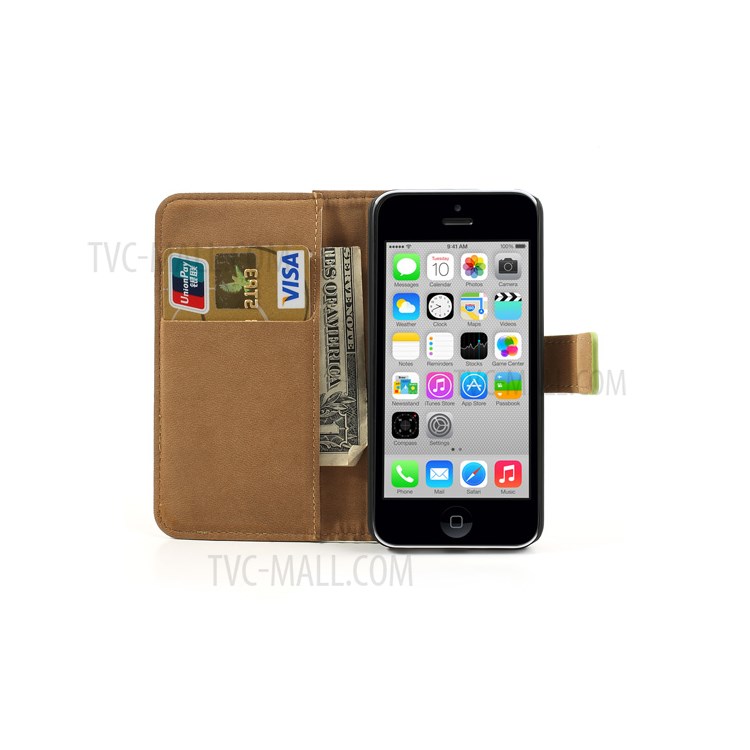 For iPhone 5c Genuine Split Leather Wallet Case w/ Stand - Green-6