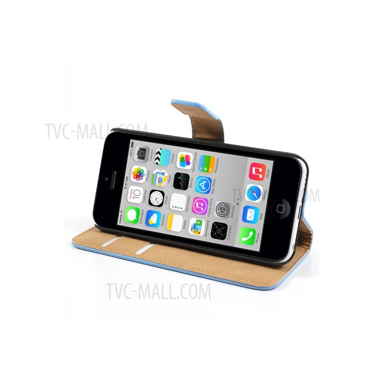 For iPhone 5c Genuine Split Leather Wallet Protective Stand Case - Blue-4