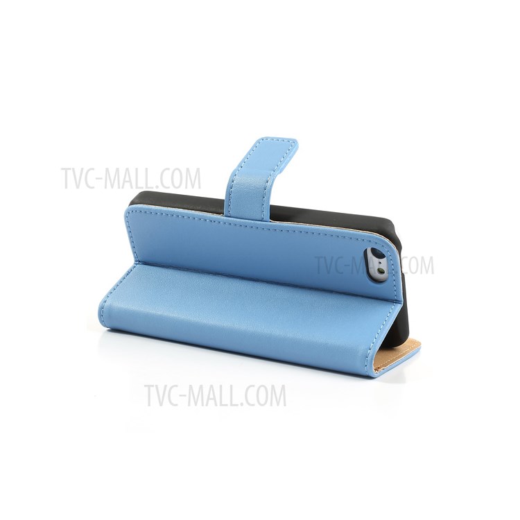 For iPhone 5c Genuine Split Leather Wallet Protective Stand Case - Blue-5