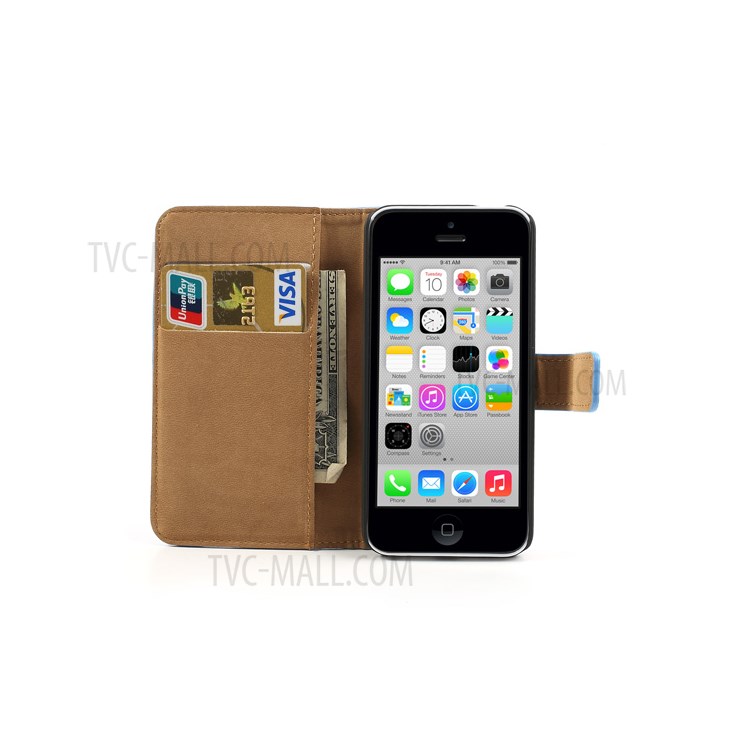 For iPhone 5c Genuine Split Leather Wallet Protective Stand Case - Blue-6